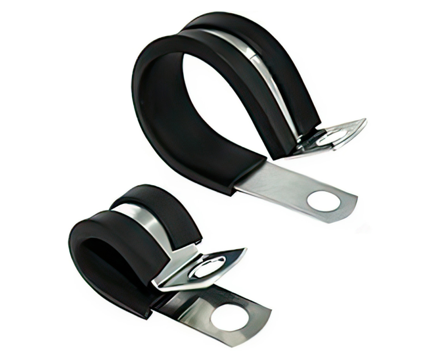 1 inch insulated clamp with Santoprene rubber lining and 1/4 inch mounting hole, cold rolled steel construction, 10-piece set for semi-truck wiring and hoses.