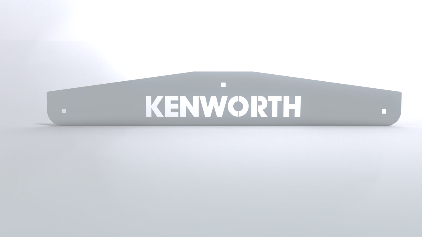 24x3.6 inch stainless steel Kenworth logo mud flap weights with tapered ends, includes back plate and hardware, pair shown.