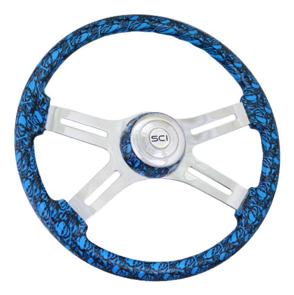 Skull Blue 18" Steering Wheel with Chromed 4 Spoke - 539-3039-77502