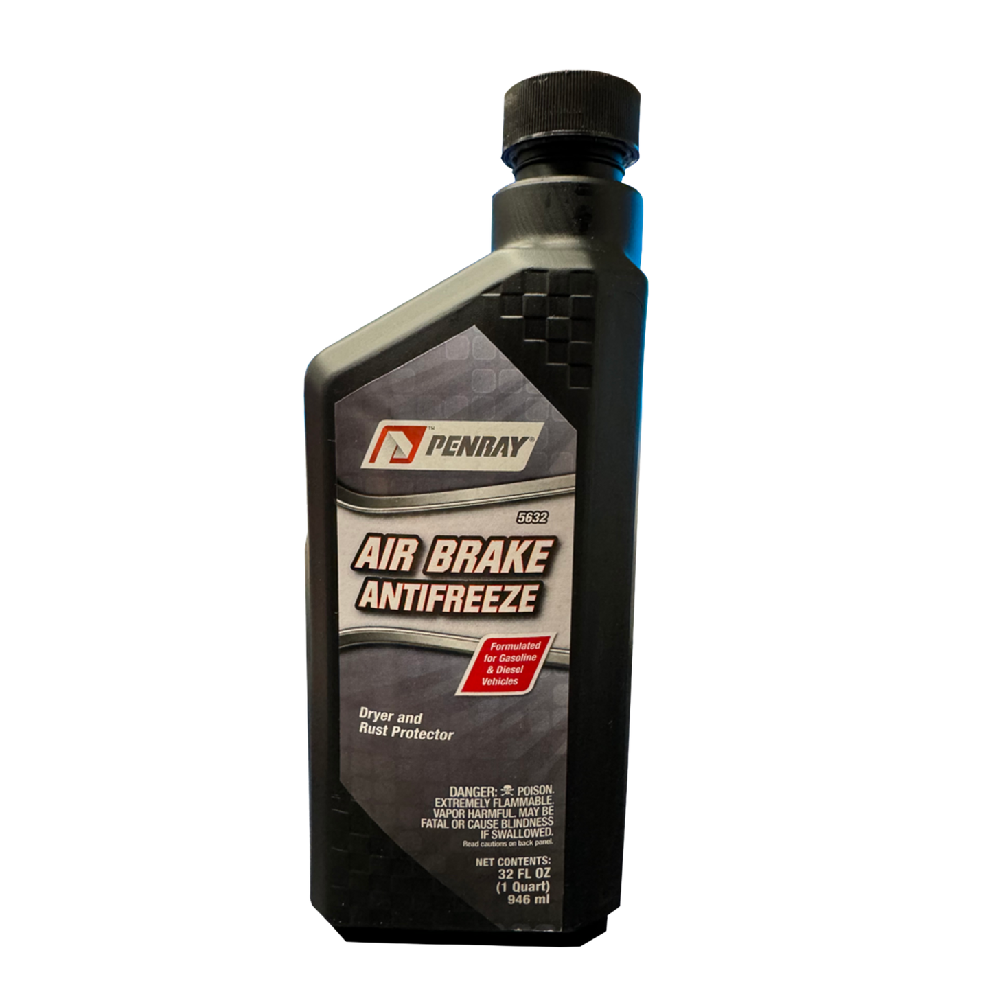 32oz bottle of air brake antifreeze for heavy-duty semi truck air brake systems.