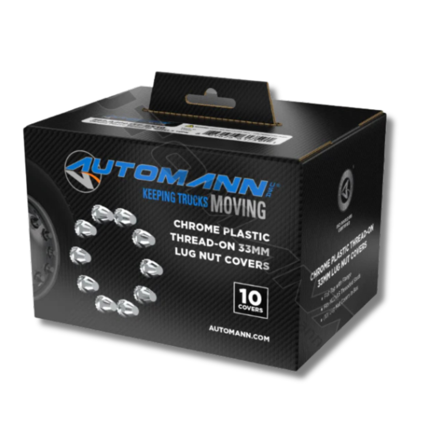 Chrome plastic M22x1.5 thread-on lug nut covers, flat-top with flange, 10-piece box.