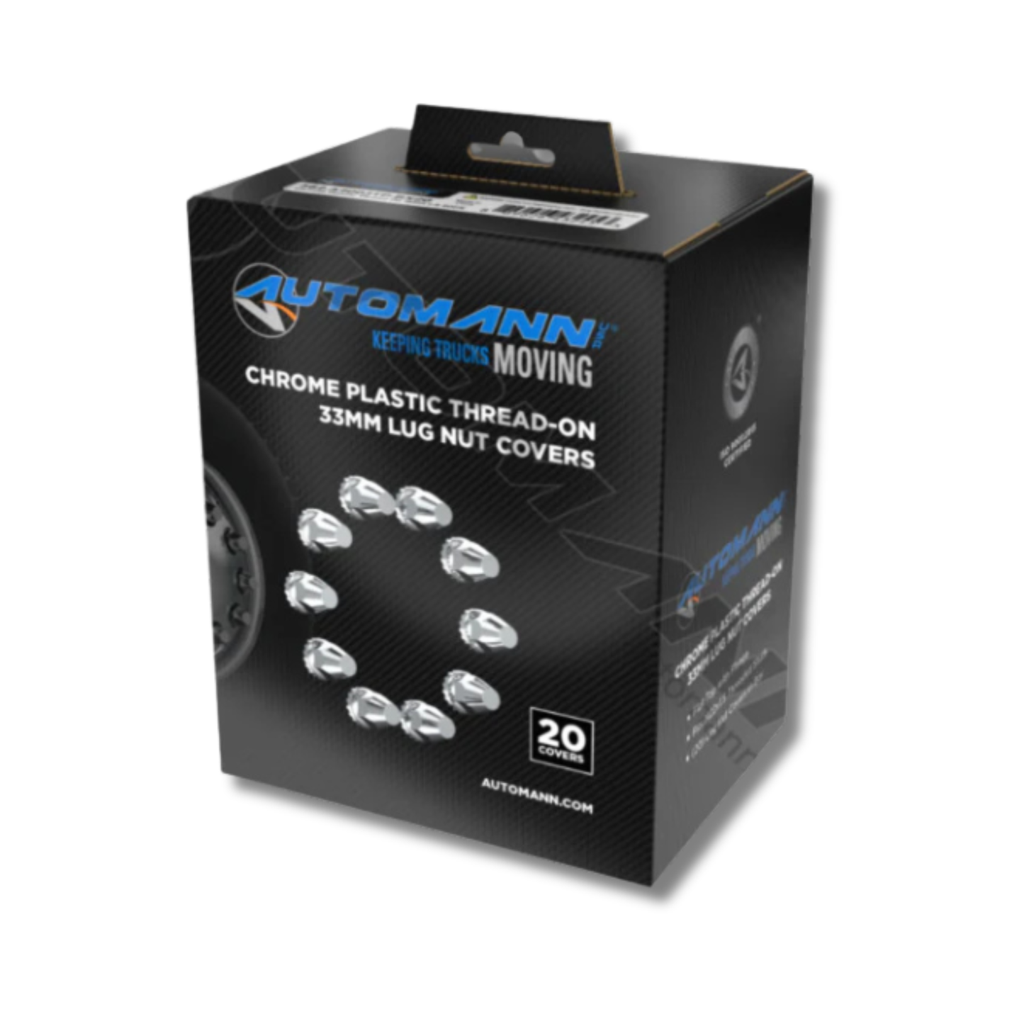 Chrome plastic thread-on lug nut covers M22x1.5, 2-3/4in flat-top with flange, 20-piece box for semi-truck wheels.