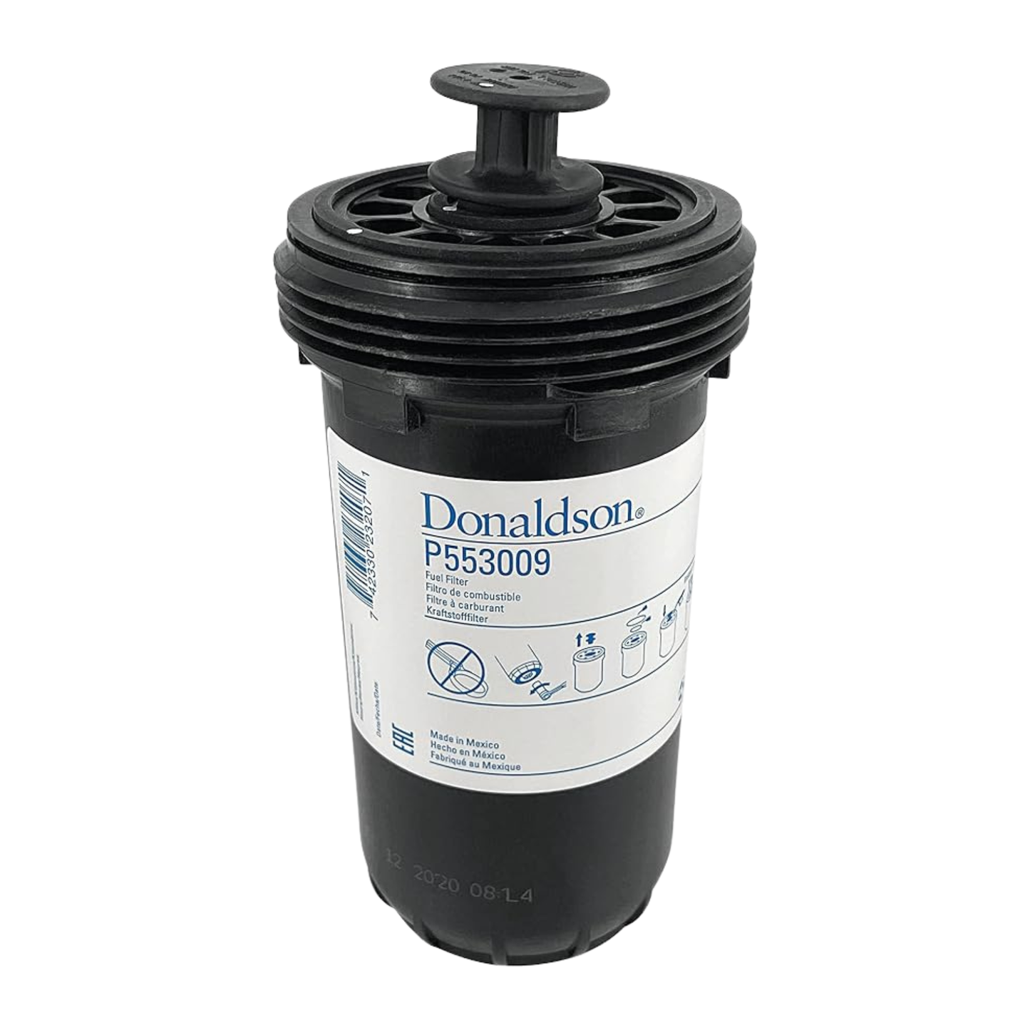 Donaldson P553009 spin-on secondary fuel filter for Cummins ISB 6.7L, 4-inch diameter heavy-duty diesel fuel filter.