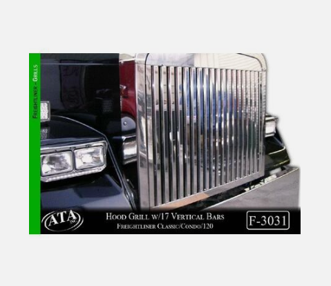 Stainless steel hood grill with 17 vertical bars for Freightliner Classic, 42x36, 18-gauge alloy