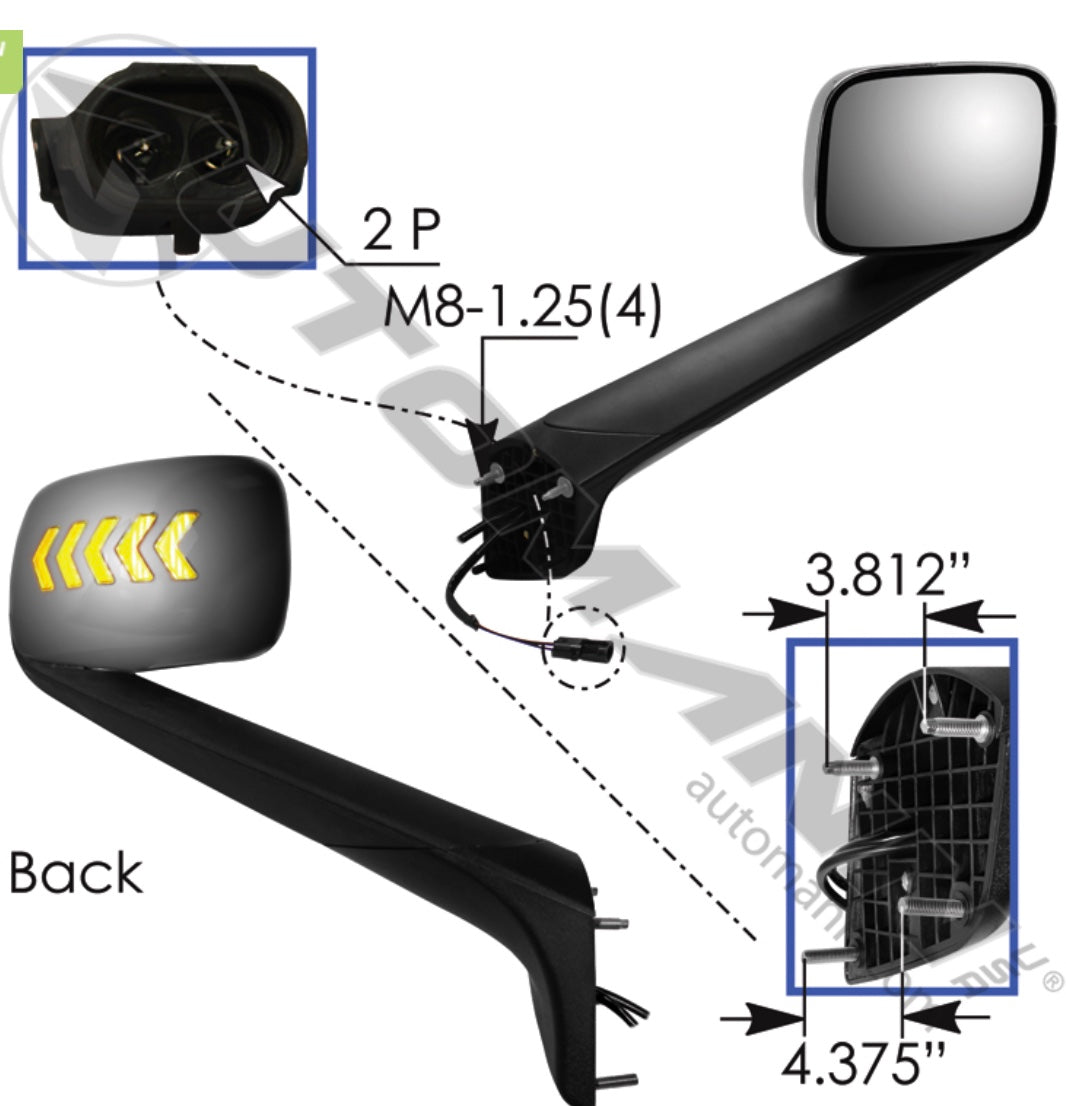 Chrome heated hood mount mirror with amber LED arrows for Freightliner Cascadia P4 passenger side