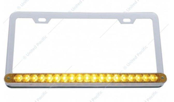 Chrome License Plate Frame With 19 LED 12" Reflector Light Bar - Amber/Amber LED Lens - 37946