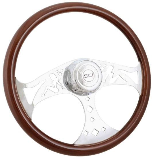 18-inch mahogany and chrome 3-spoke steering wheel with chrome horn and bezel