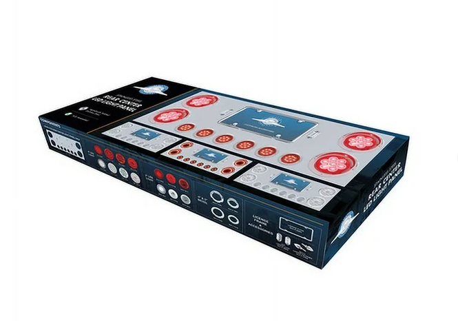 Stainless steel 34" rear center light panel with four 4" red LED reflector lights and six 2" red LEDs, polished finish, includes license lights and frame.