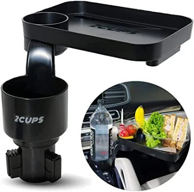 Black Car Cup Holder Expander and Large Attachable Tray