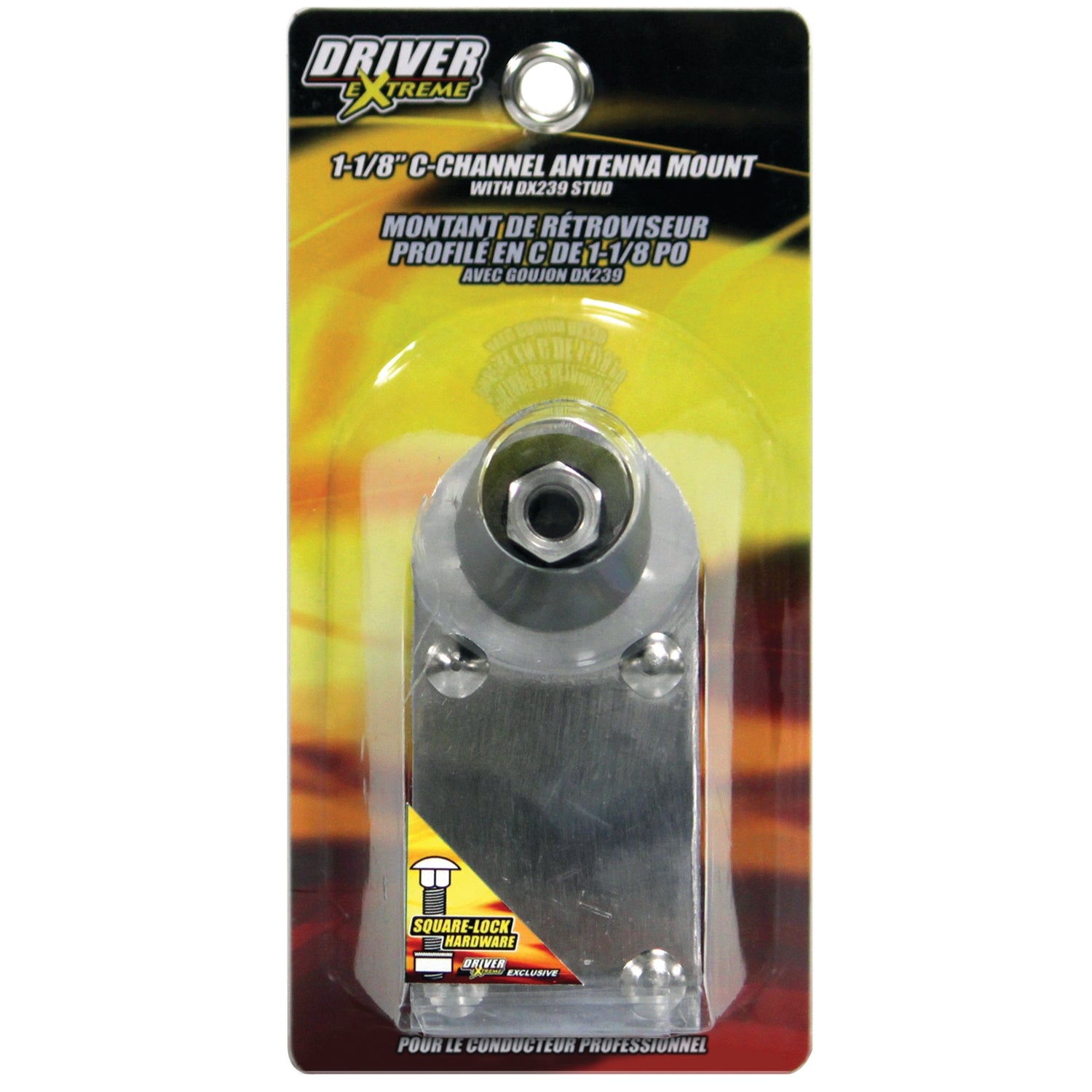 1-1/8 inch C-channel mirror mount with DX239 stud made from aircraft-quality aluminum for Freightliner and Mack semi trucks.