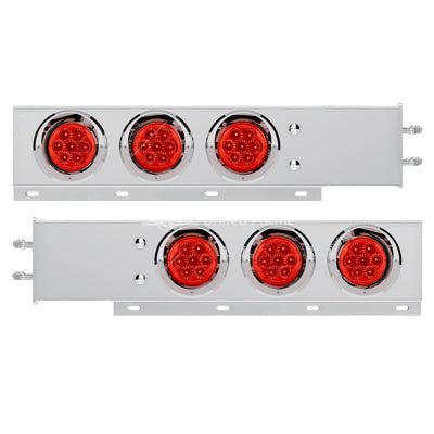 Stainless steel spring-loaded rear light bar panel with six 4" red LED lights and visors, pair