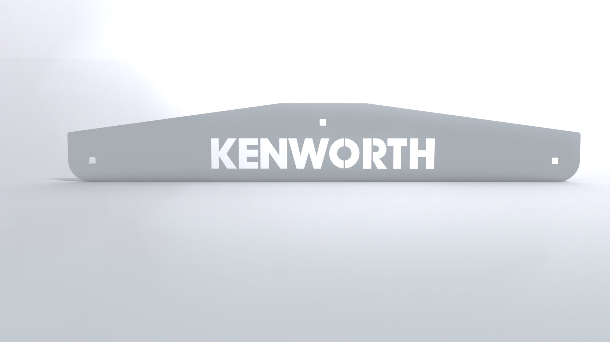 24x3.6 inch stainless steel Kenworth logo mud flap weights with tapered ends, includes back plate and hardware, pair shown.