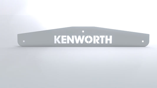 24x3.6 inch stainless steel Kenworth logo mud flap weights with tapered ends, includes back plate and hardware, pair shown.