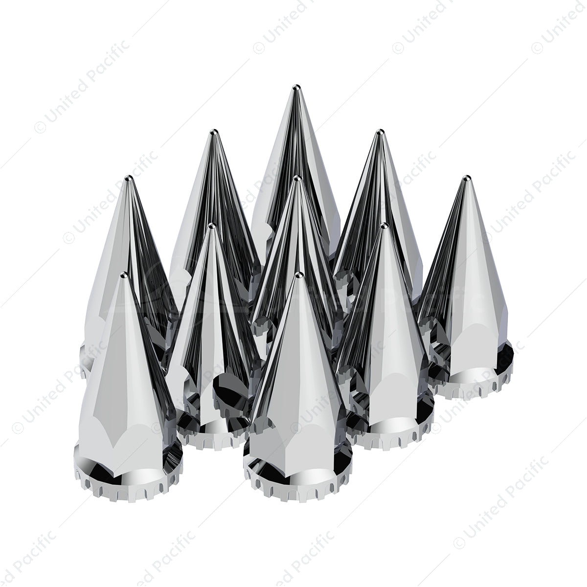33mm x 4-3/4 inch Chrome Super Spike Nut Covers, thread-on, 20-pack, high-quality triple chrome plating, fits standard hub piloted wheel nuts.
