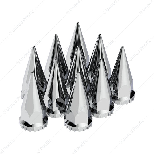 33mm x 4-3/4 inch Chrome Super Spike Nut Covers, thread-on, 20-pack, high-quality triple chrome plating, fits standard hub piloted wheel nuts.