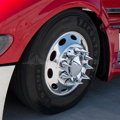 33mm x 4-3/4 inch Chrome Super Spike Nut Covers, thread-on, 20-pack, high-quality triple chrome plating, fits standard hub piloted wheel nuts.