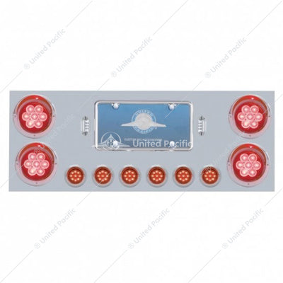 STAINLESS STEEL REAR CENTER PANEL WITH 4X 7 LED 4" REFLECTOR LIGHTS & 6X 9 LED 2" LIGHTS & VISORS -RED LED & LENS  -  34566