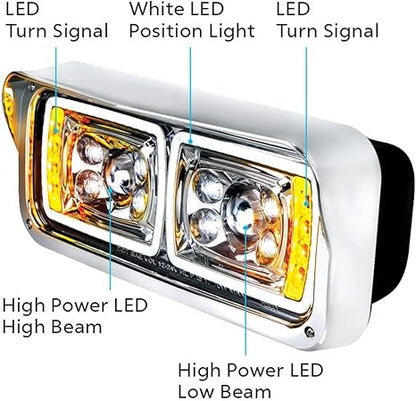 10 High Power LED Chrome Projection Headlight With LED Turn Signal & Position Light Bar Passenger Side - 35824