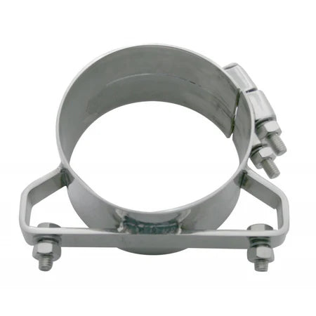 6-inch stainless steel wide band exhaust clamp for Freightliner and heavy-duty trucks, polished 304-grade stainless steel finish.