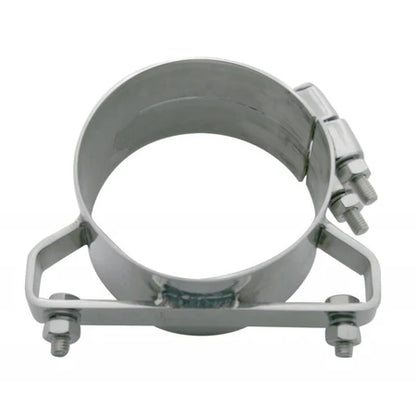 6-inch stainless steel wide band exhaust clamp for Freightliner and heavy-duty trucks, polished 304-grade stainless steel finish.