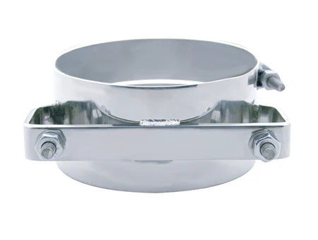 6-inch stainless steel wide band exhaust clamp for Freightliner and heavy-duty trucks, polished 304-grade stainless steel finish.