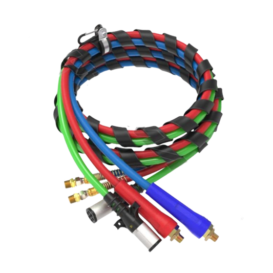 Airpower 3-in-1 line 12ft, red & blue air hoses with gladhand grips, green ABS cable SAE J2394, spiral wrapped with clamp and tender clip.