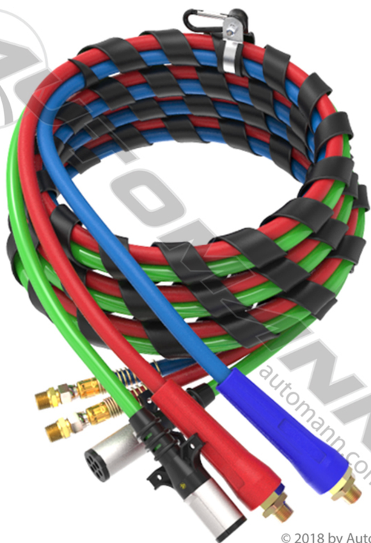 Airpower 3-in-1 line 15ft for semi-trucks with red and blue air hoses, green ABS cable, spiral wrap, and tender clip