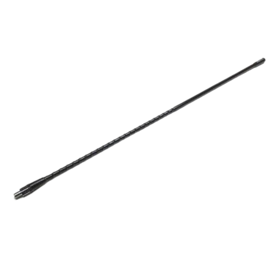 Black 24-inch CB antenna for semi-trucks with fiberglass mast and wide tuning range.