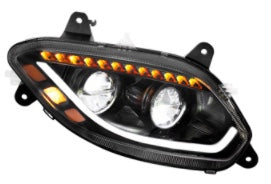 Black 86 LED Headlight for 2018-2025 International LT Truck showing bright white DRL, amber turn signals, and sleek modern design for improved visibility.