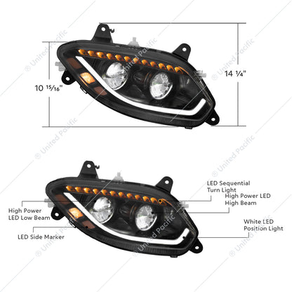 Black 86 LED Headlight for 2018-2025 International LT Truck showing bright white DRL, amber turn signals, and sleek modern design for improved visibility.