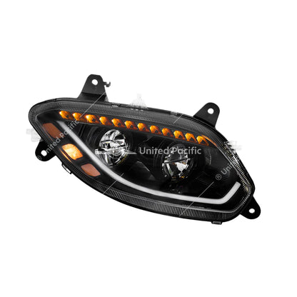 Black 86 LED Headlight for 2018-2025 International LT Truck showing bright white DRL, amber turn signals, and sleek modern design for improved visibility.