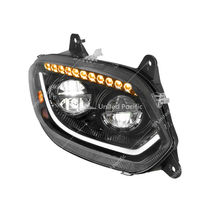 Black 86 LED Headlight for 2018-2025 International LT Truck showing bright white DRL, amber turn signals, and sleek modern design for improved visibility.