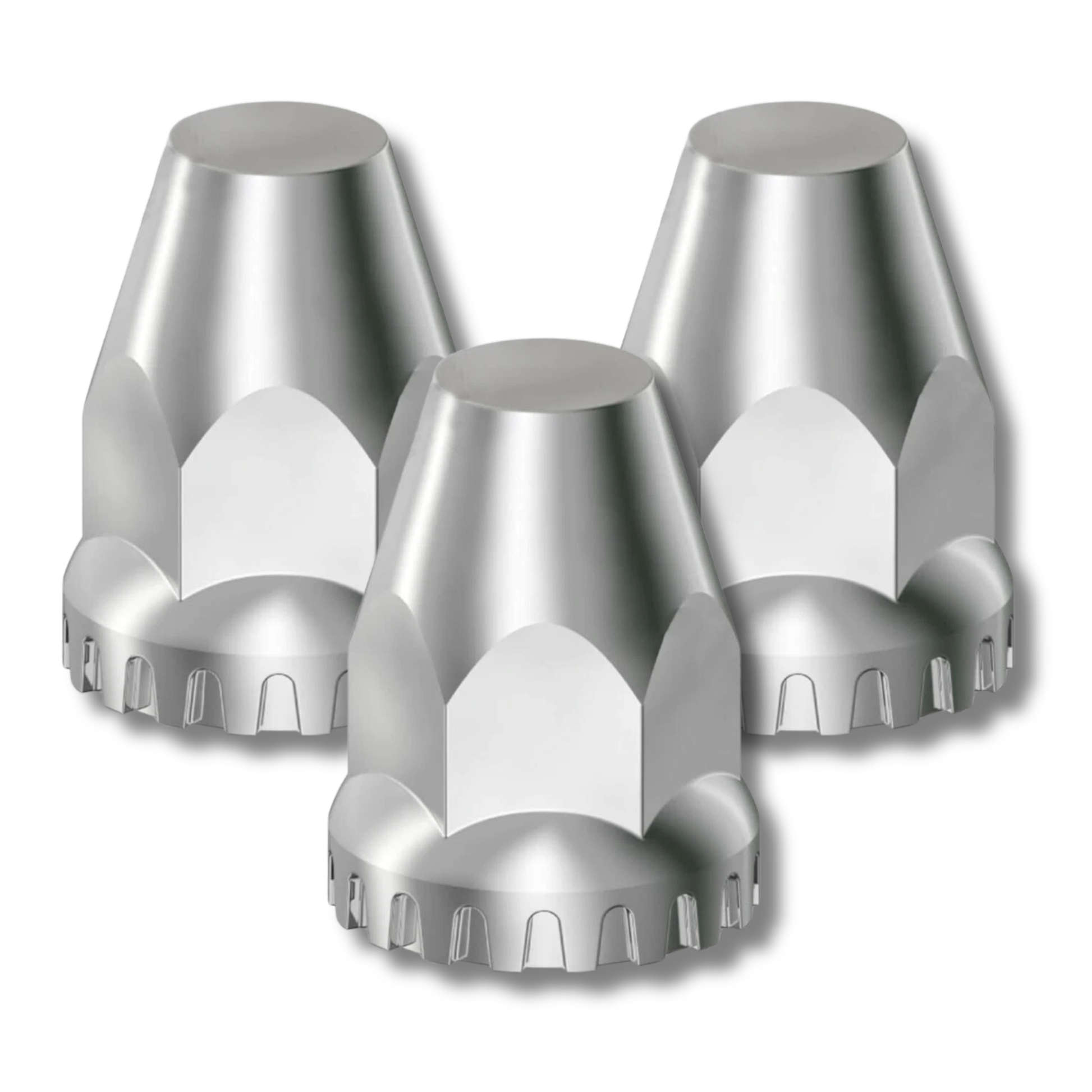Chrome plastic M22x1.5 thread-on lug nut covers, flat-top with flange, 10-piece box.