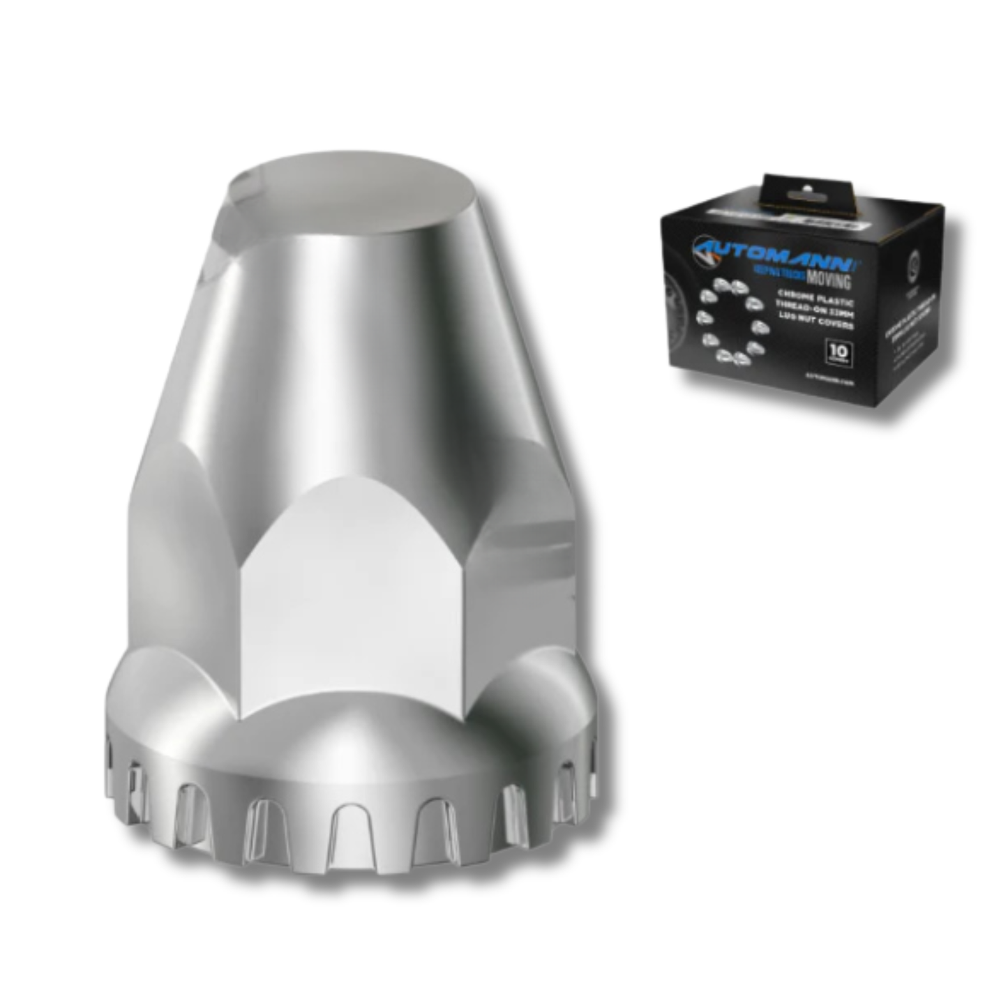 Chrome plastic M22x1.5 thread-on lug nut covers, flat-top with flange, 10-piece box.