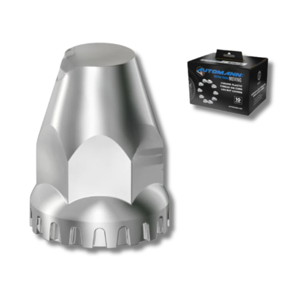 Chrome plastic M22x1.5 thread-on lug nut covers, flat-top with flange, 10-piece box.