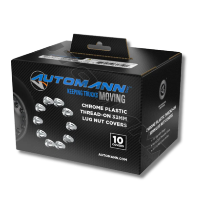 Chrome plastic M22x1.5 thread-on lug nut covers, flat-top with flange, 10-piece box.