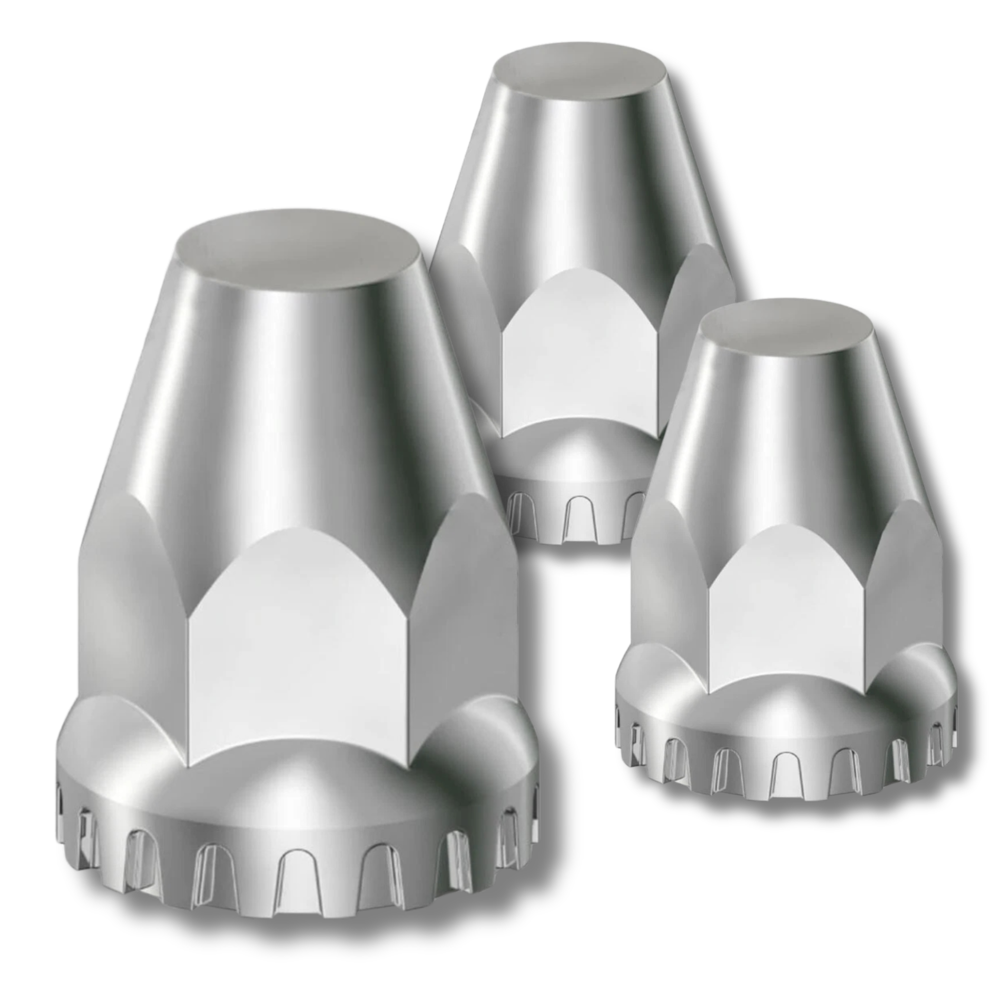 Chrome plastic thread-on lug nut covers M22x1.5, 2-3/4in flat-top with flange, 20-piece box for semi-truck wheels.