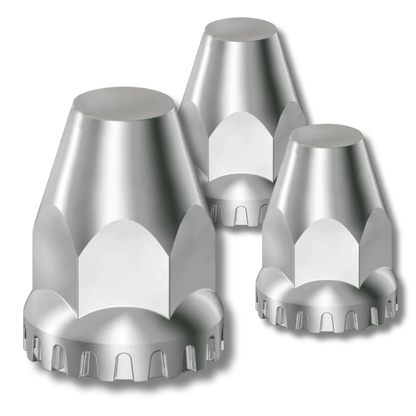 Chrome plastic thread-on lug nut covers M22x1.5, 2-3/4in flat-top with flange, 20-piece box for semi-truck wheels.