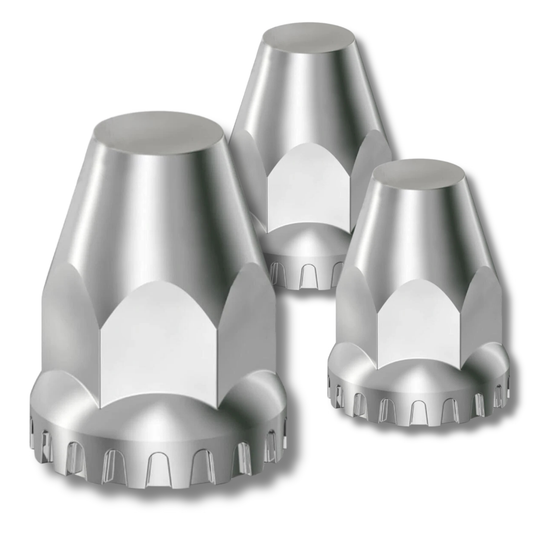 Chrome plastic thread-on lug nut covers M22x1.5, 2-3/4in flat-top with flange, 20-piece box for semi-truck wheels.