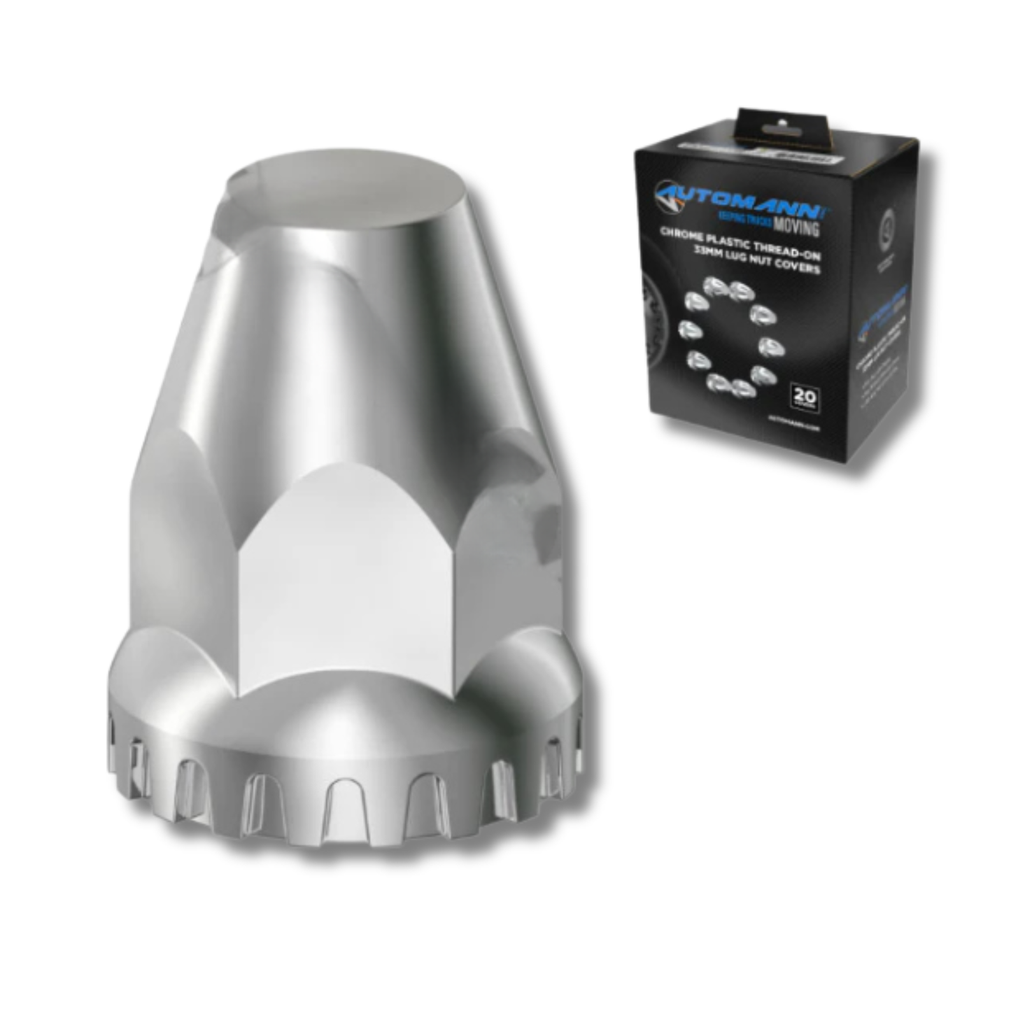 Chrome plastic thread-on lug nut covers M22x1.5, 2-3/4in flat-top with flange, 20-piece box for semi-truck wheels.