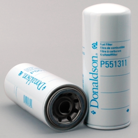 Donaldson P551311 spin-on secondary fuel filter, 9.13in length, 3.66in diameter, for Caterpillar C12 engines.