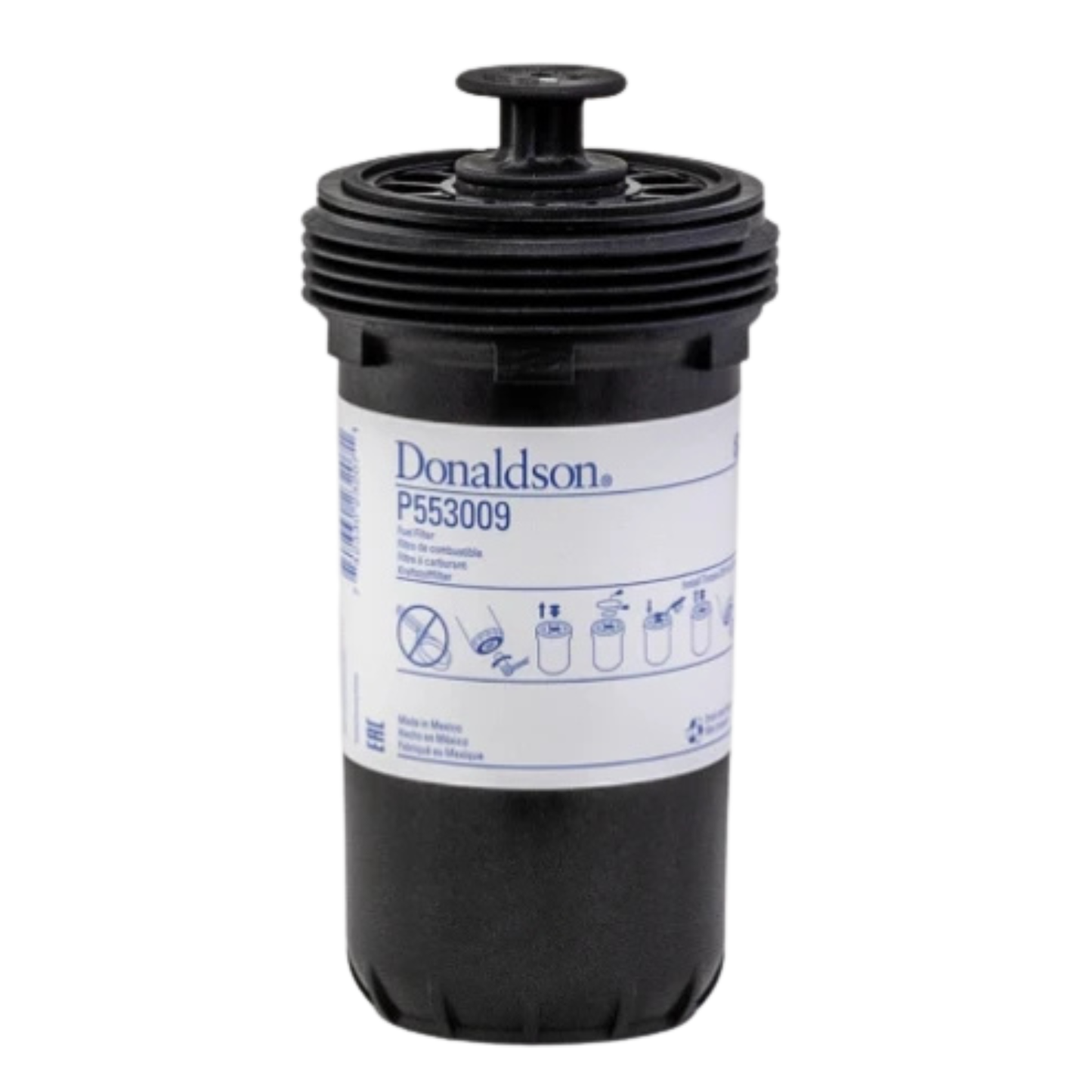 Donaldson P553009 spin-on secondary fuel filter for Cummins ISB 6.7L, 4-inch diameter heavy-duty diesel fuel filter.