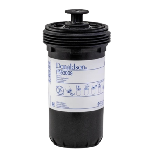 Donaldson P553009 spin-on secondary fuel filter for Cummins ISB 6.7L, 4-inch diameter heavy-duty diesel fuel filter.