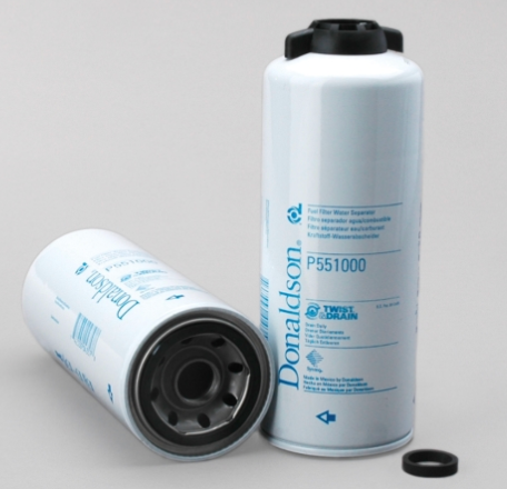 Donaldson P551000 fuel filter water separator spin-on, 9.92in long, 3.66in diameter, twist & drain, for Cummins Select engines.