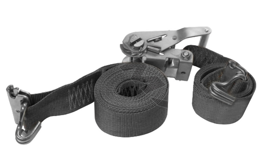 Gray 16ft E-track ratchet strap with wire hooks and 835 lb. workload limit