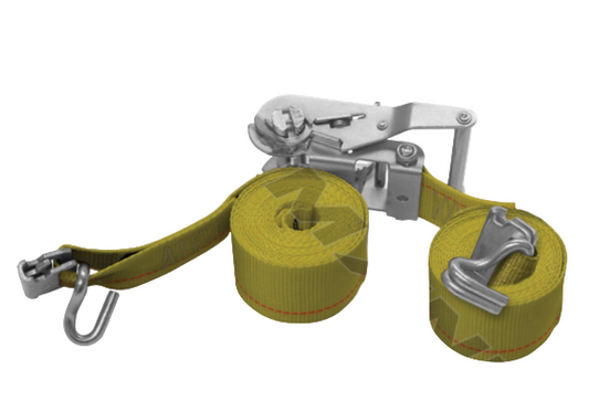 Yellow 12ft E-track ratchet strap with wire hooks and 835 lb. workload limit