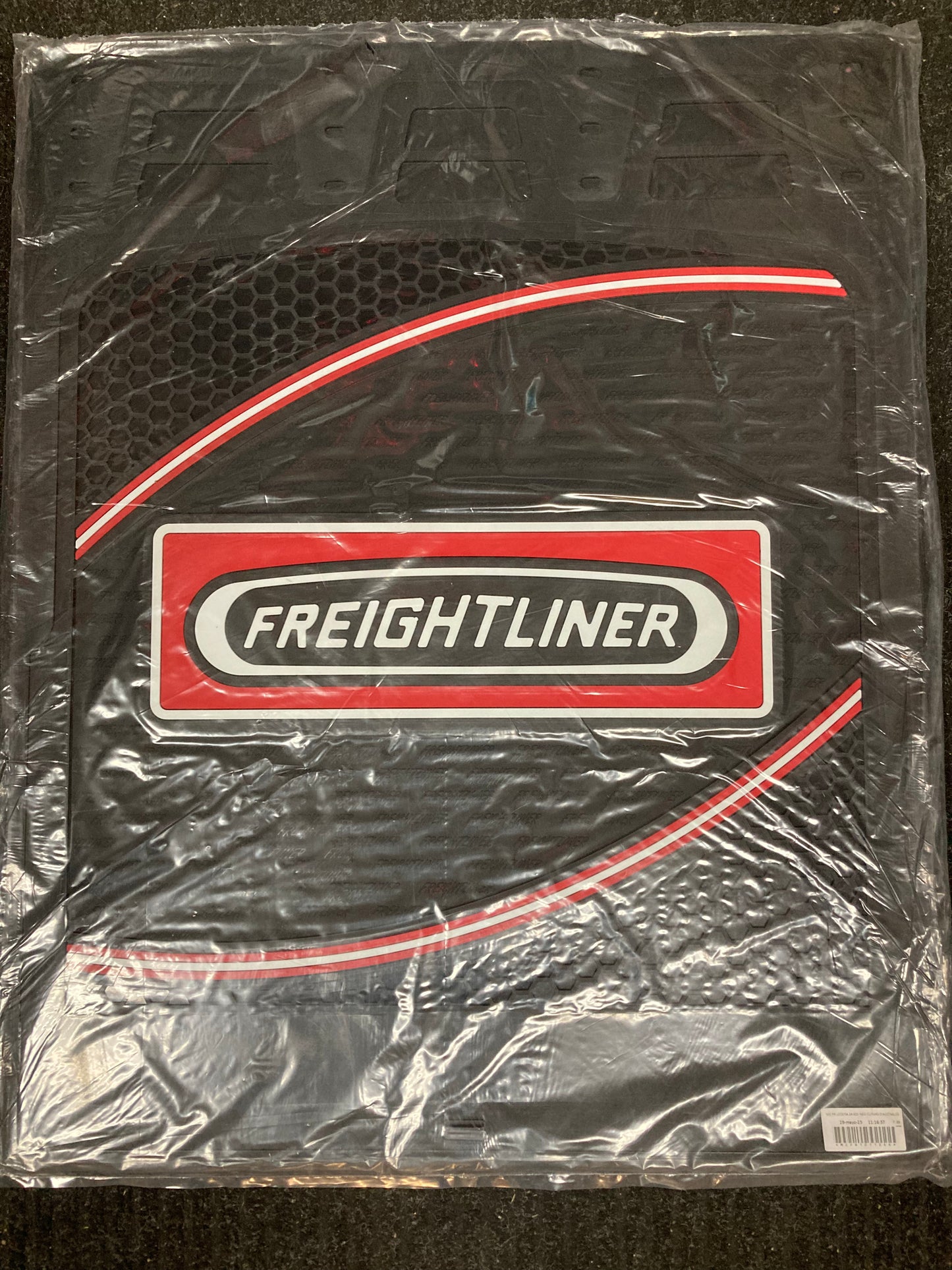 Black 24x30 Freightliner mud flap with curve design for heavy-duty trucks