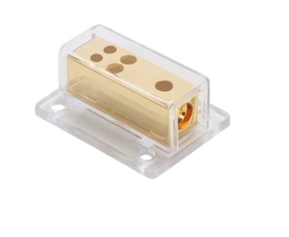 Rectangular gold distribution block with 1x 4 AWG input and 4x 8 AWG outputs, clear acrylic base and cover