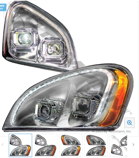 Freightliner Cascadia Chrome Headlamp Set with LED Strip and Halogen Projection