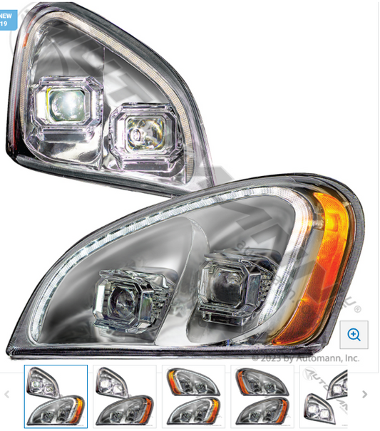 Freightliner Cascadia Chrome Headlamp Set with LED Strip and Halogen Projection